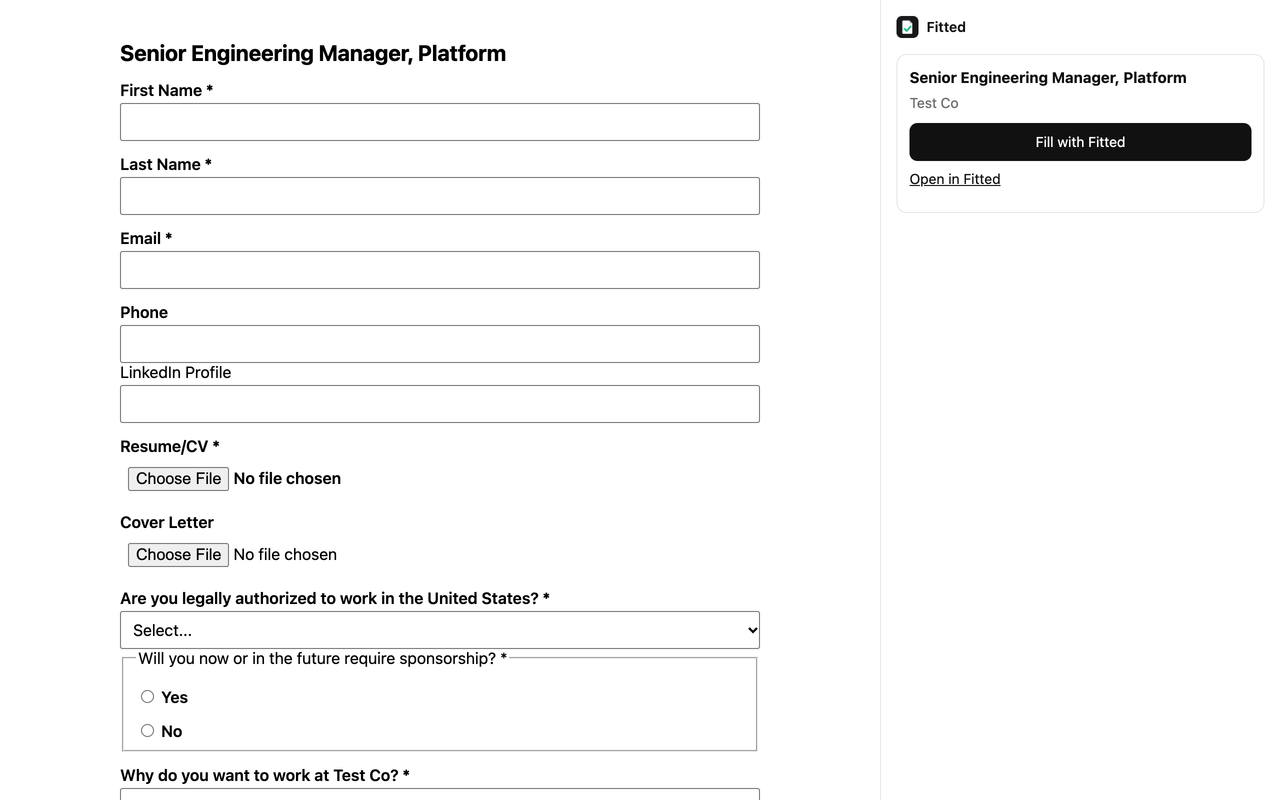 The Fitted side panel next to an application form, with a Fill with Fitted button