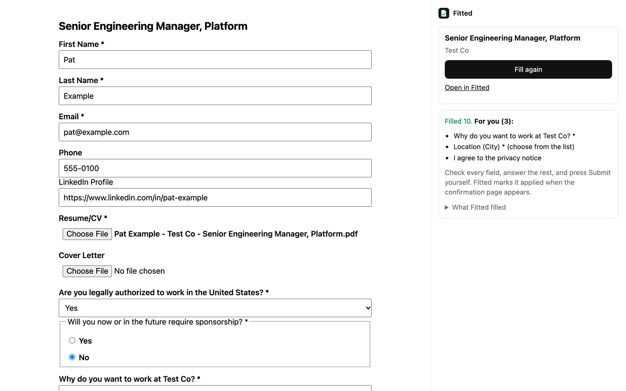 The form filled in, and the panel listing what's left for the candidate